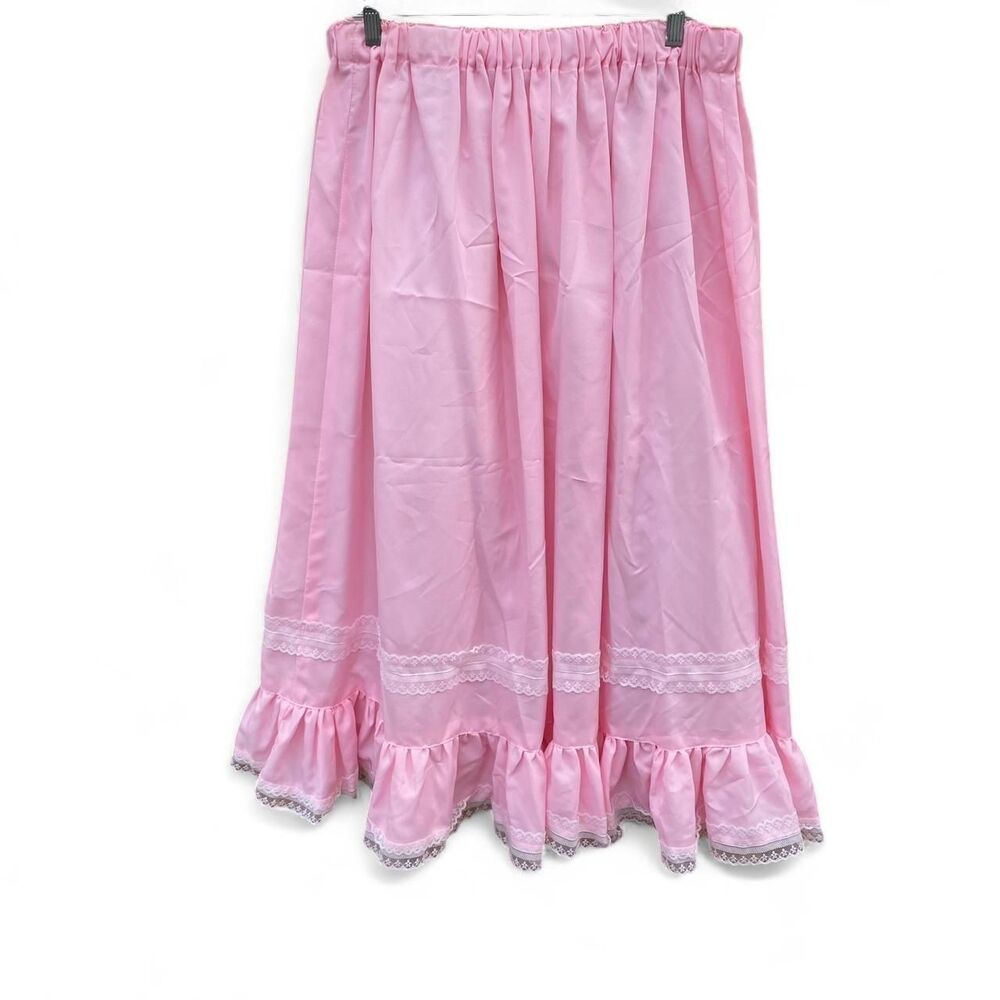 Vintage 70s 1970s long Pink fairy skirt with lace trim and bow - Picture 4 of 6
